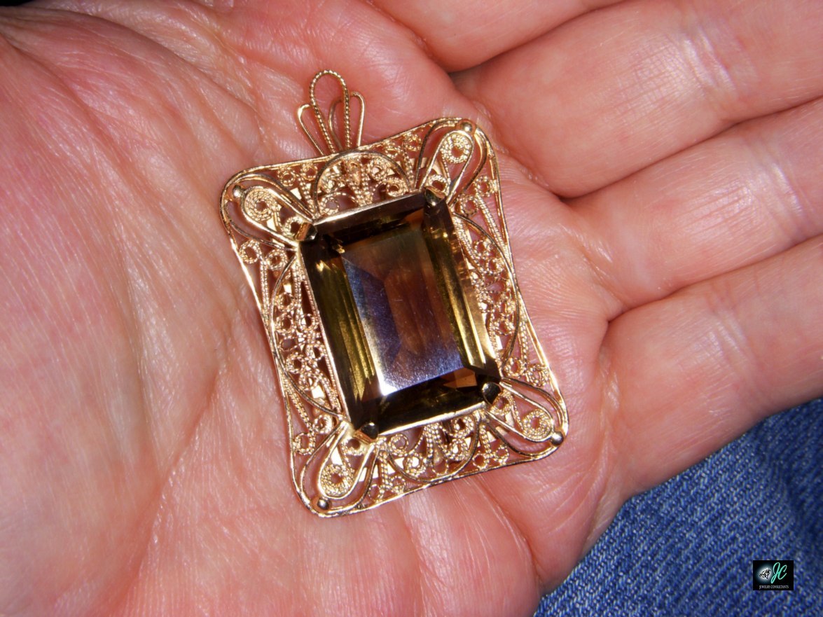 VINTAGE STUNNING RARE 14K ROSE GOLD SMOKY QUARTZ 16.8 GRAM PIN BROOCH PENDANT
