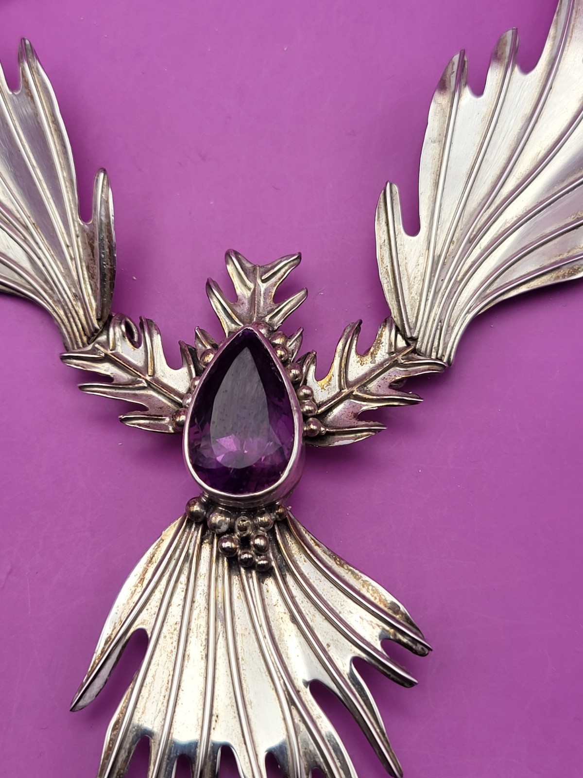 SET: CAROL FELLEY STERLING NECKLACE & EARRINGS, AMETHYST ABSTRACT BIRD RARE