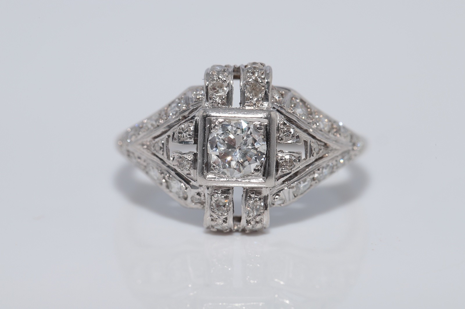 Antique Circa 1920s Handcrafted Art Deco Platinum Natural Diamond Ring