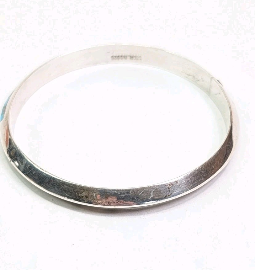 Vintage Turquoise Inlay Bangle Domed Sterling Silver Hinged Opening Size 7.25