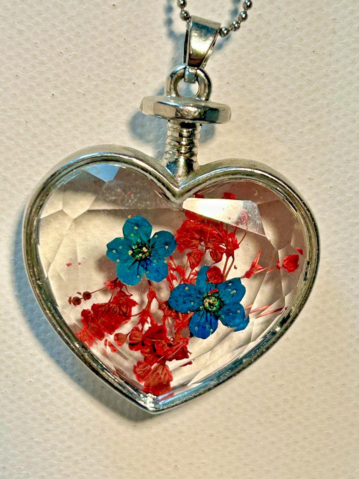 Vintage Heart Pendant Necklace Blue and Red Pressed Flowers