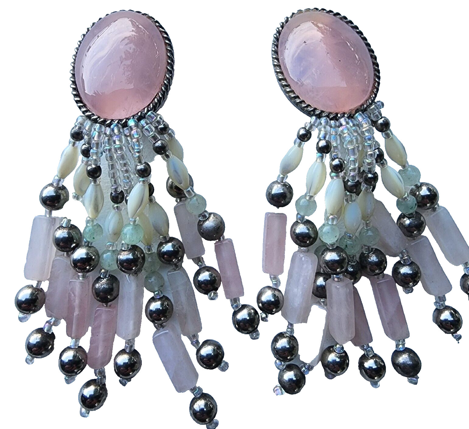 Boho Western Vintage Rose Quartz Cabochon Mother Of Pearl Bead Dangle Clip Gift