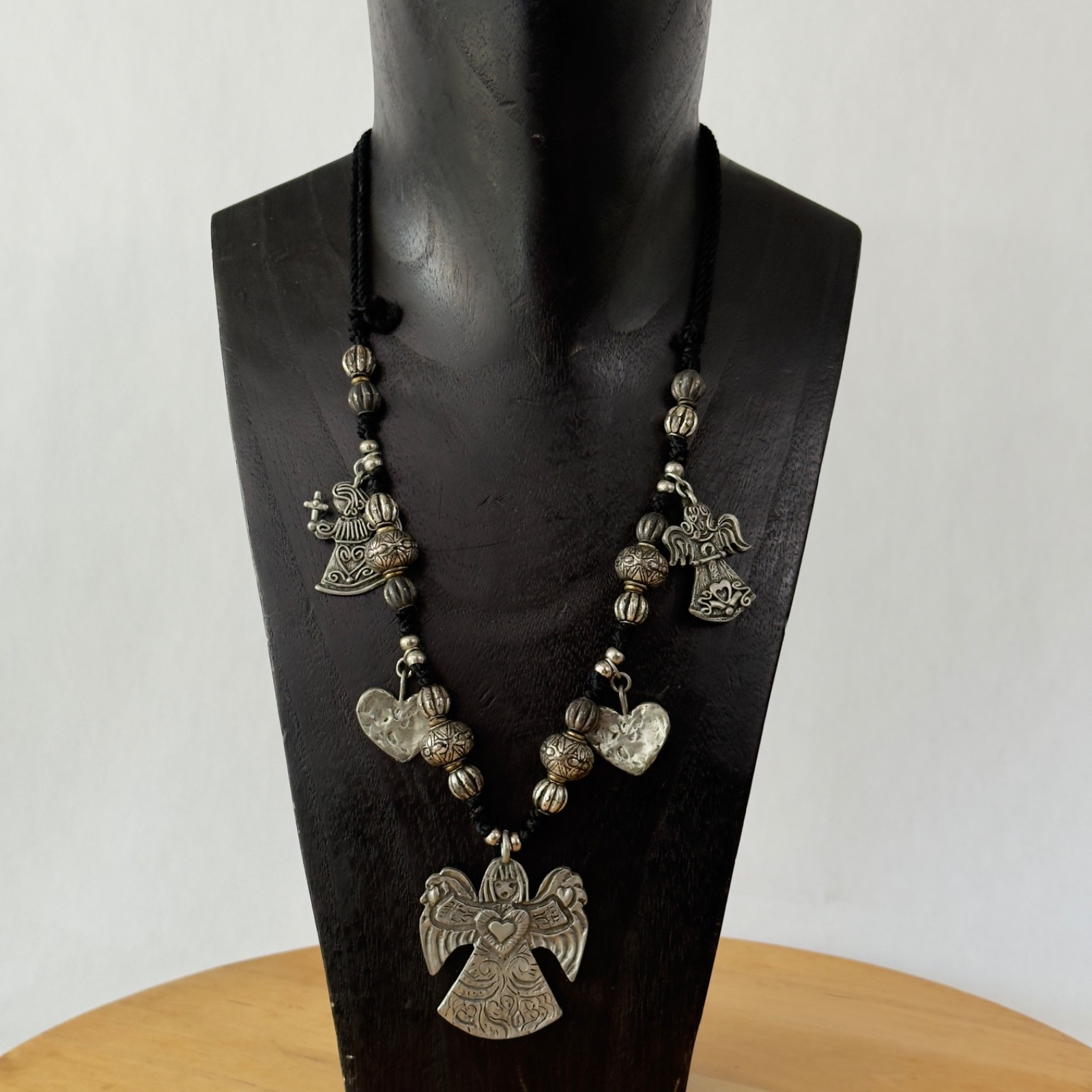 Vintage Signed MARCIE Beaded Pewter 3 Angels Cord Necklace Faith, Hope & Charity