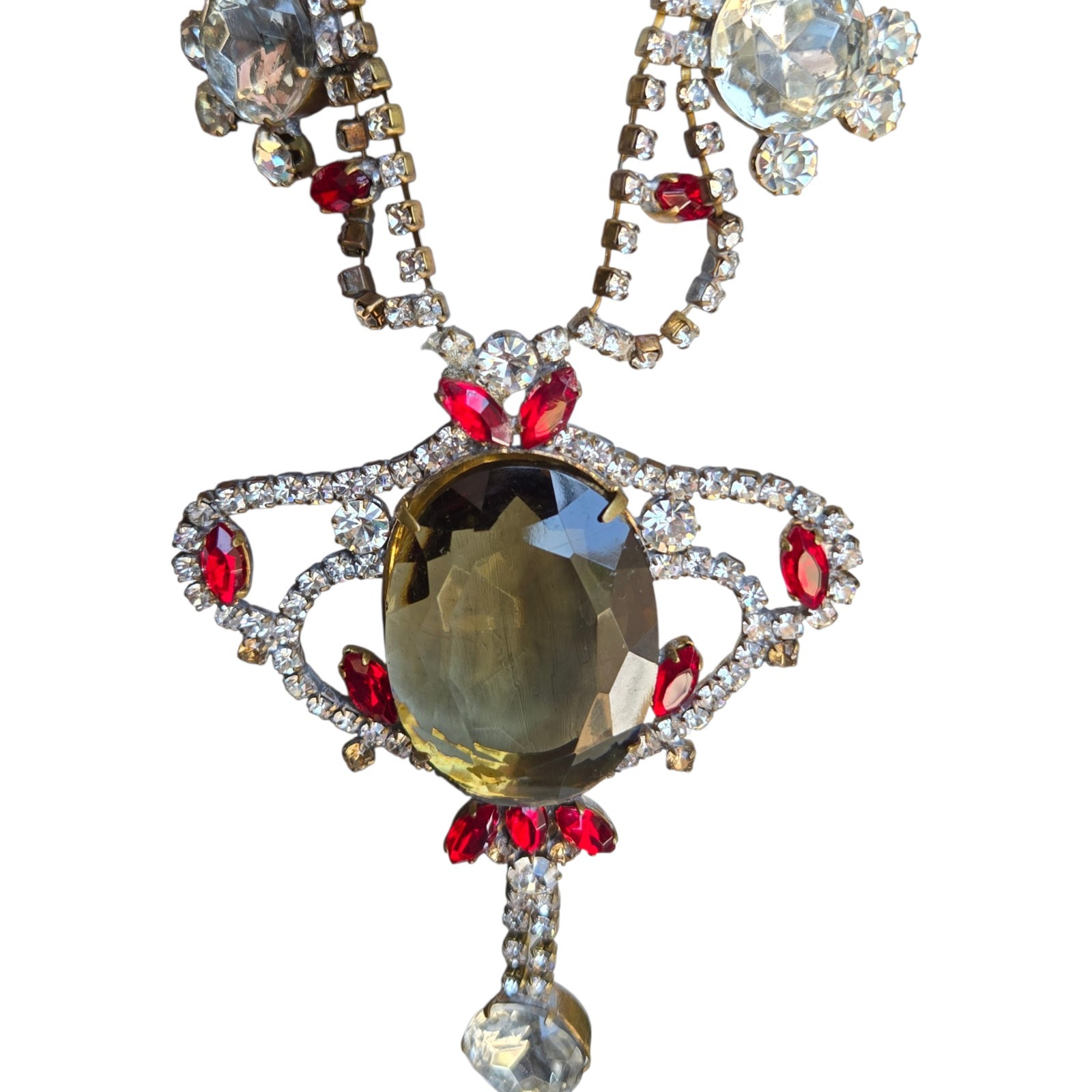 Vtg Signed Husar D Czech Glass Festoon Necklace Green Center Red Accent Stones