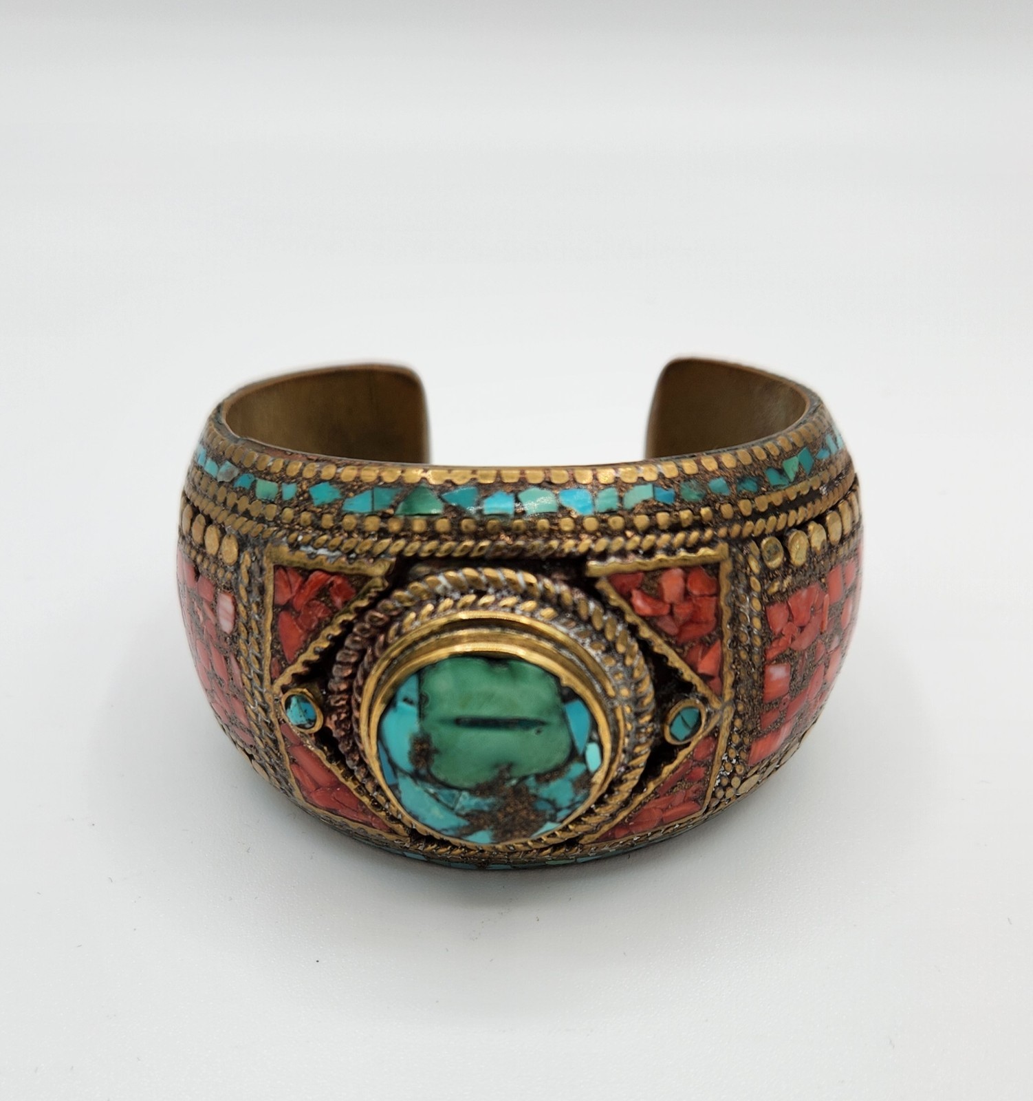 Vintage Brass Tibetan Style Inlaid Cuff Bracelet Multi Color Stones