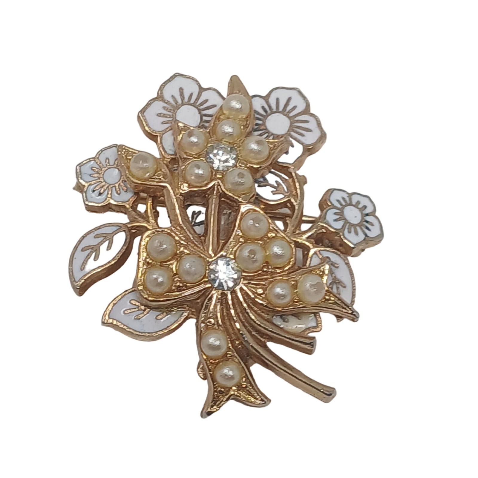 Vintage Floral Brooch Pin Faux Pearls Rhinestones GoldTone Enamel 1.3/8″ #J-8Pu