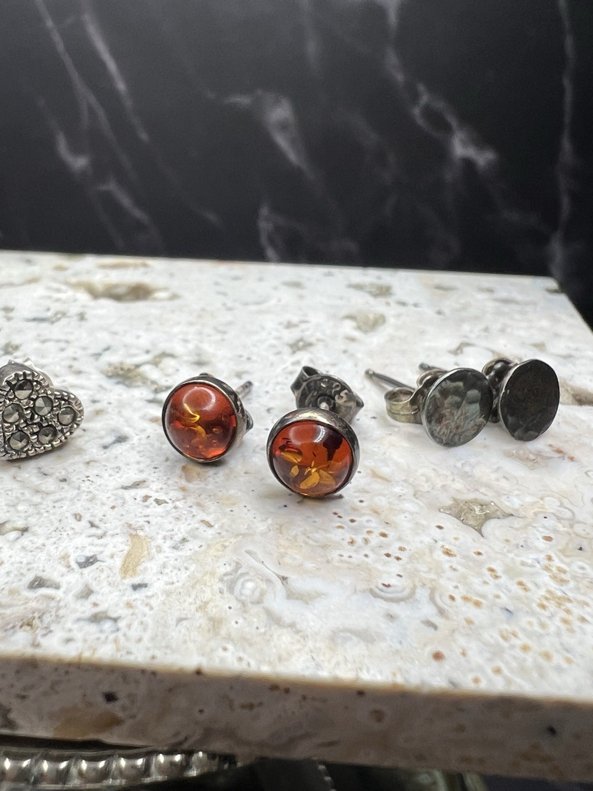 VTG 925 Sterling Silver Marcasite Heart Round Amber Stud Earrings Set