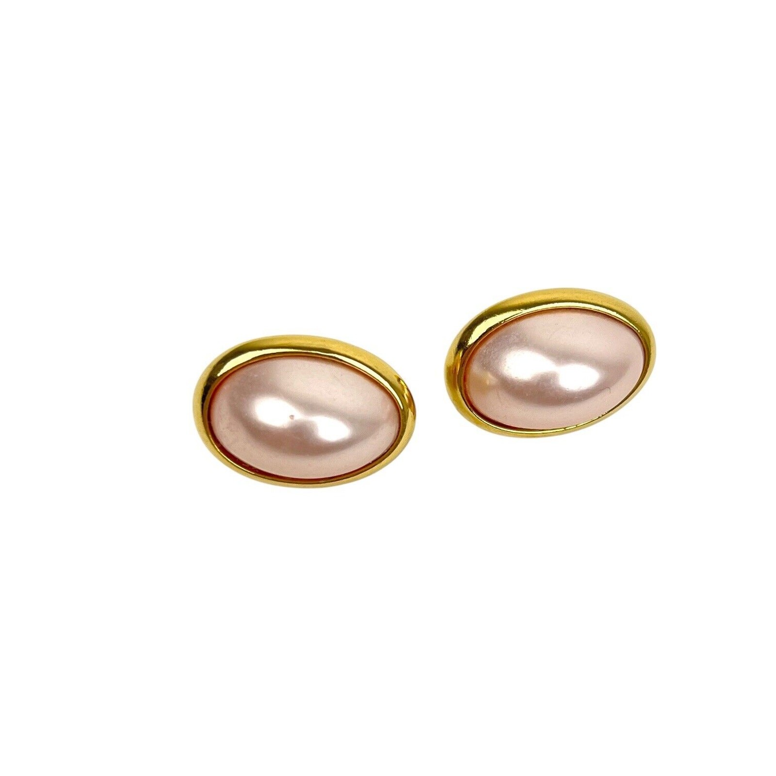 Vintage Trifari Earrings Pink Lucite Cabochon Pierced Stud Oval Gold Tone Pastel