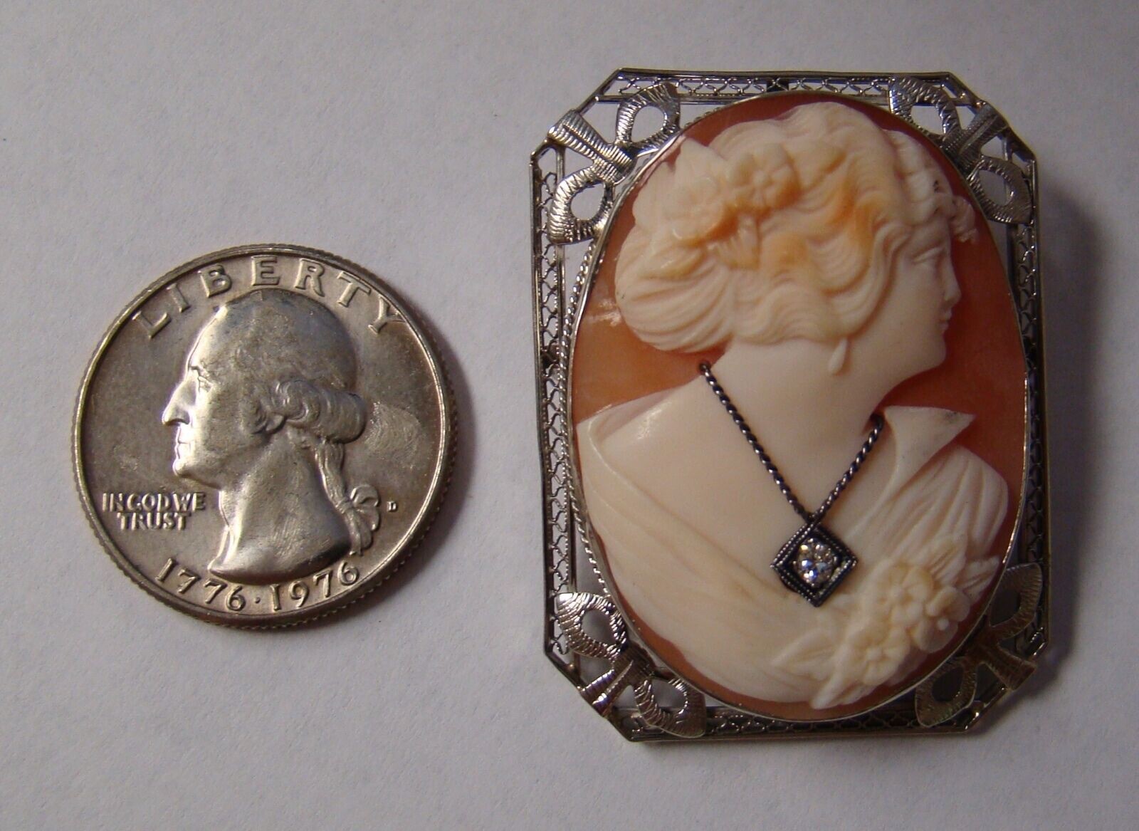 Antique Art Deco 14K White Gold Diamond Cameo Pin Brooch/Pendant 9.8g 39x30mm