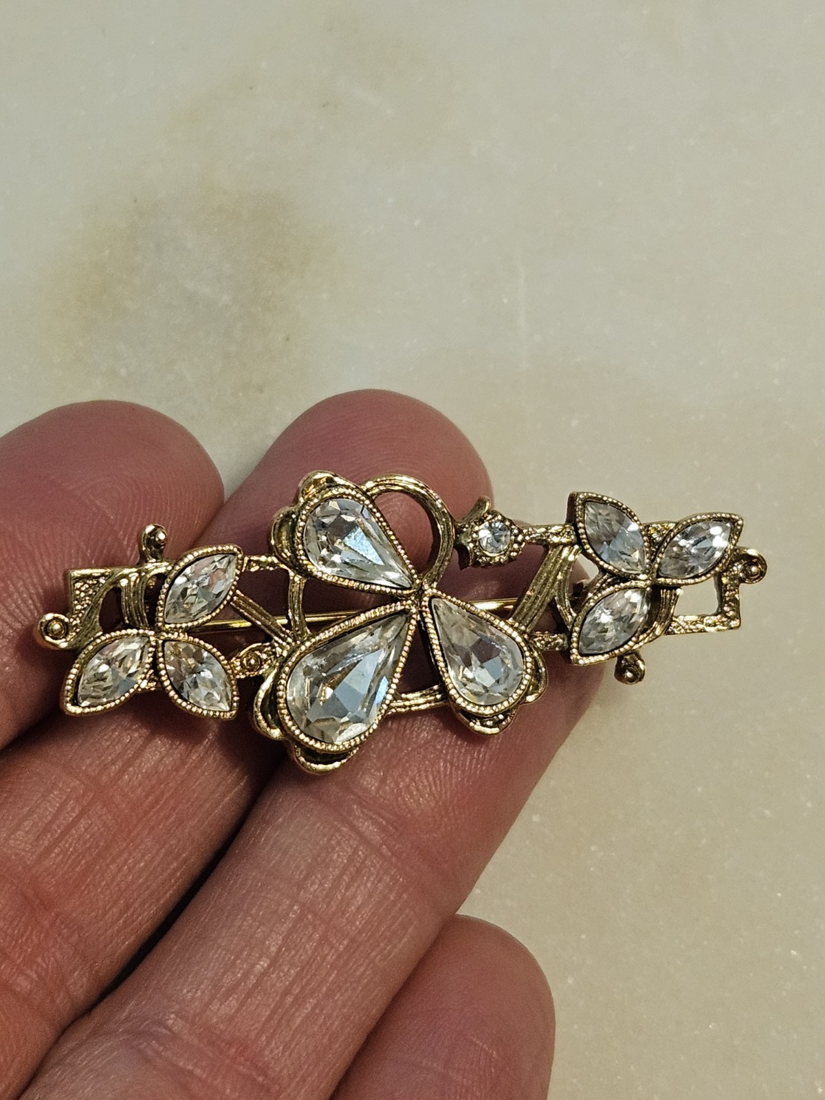 Vintage Floral Rhinestone Brooch And Matching Earrings Set Gold Tone
