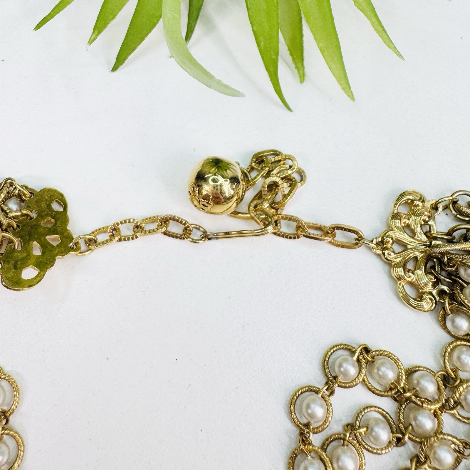 Vintage 60’s White Faux Pearl and Paper Clip Chain Gold Tone Layered Necklace