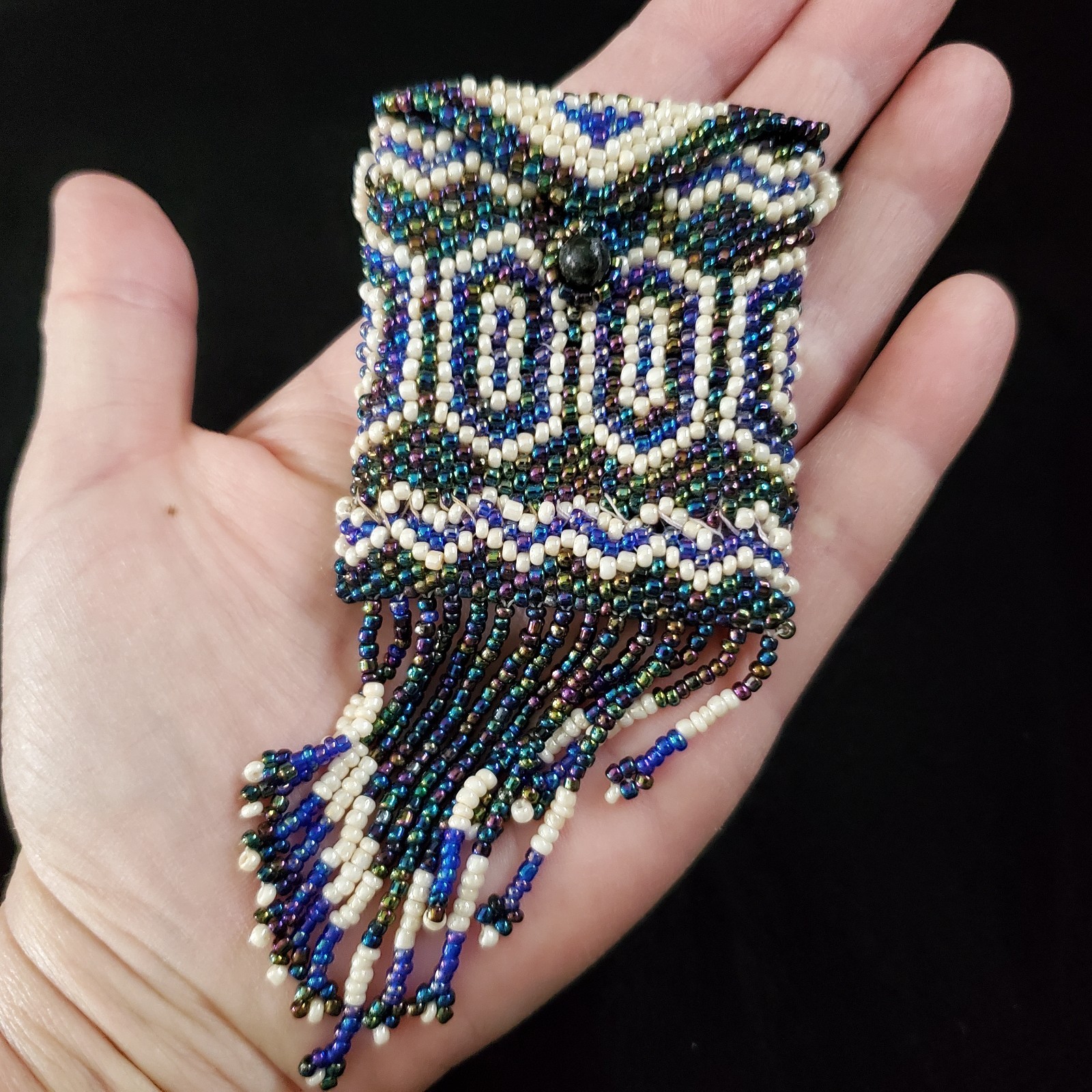 Vintage Mini Purse Necklace Seed Beaded Coin Pouch Artisan Oil Slick 24″ READ