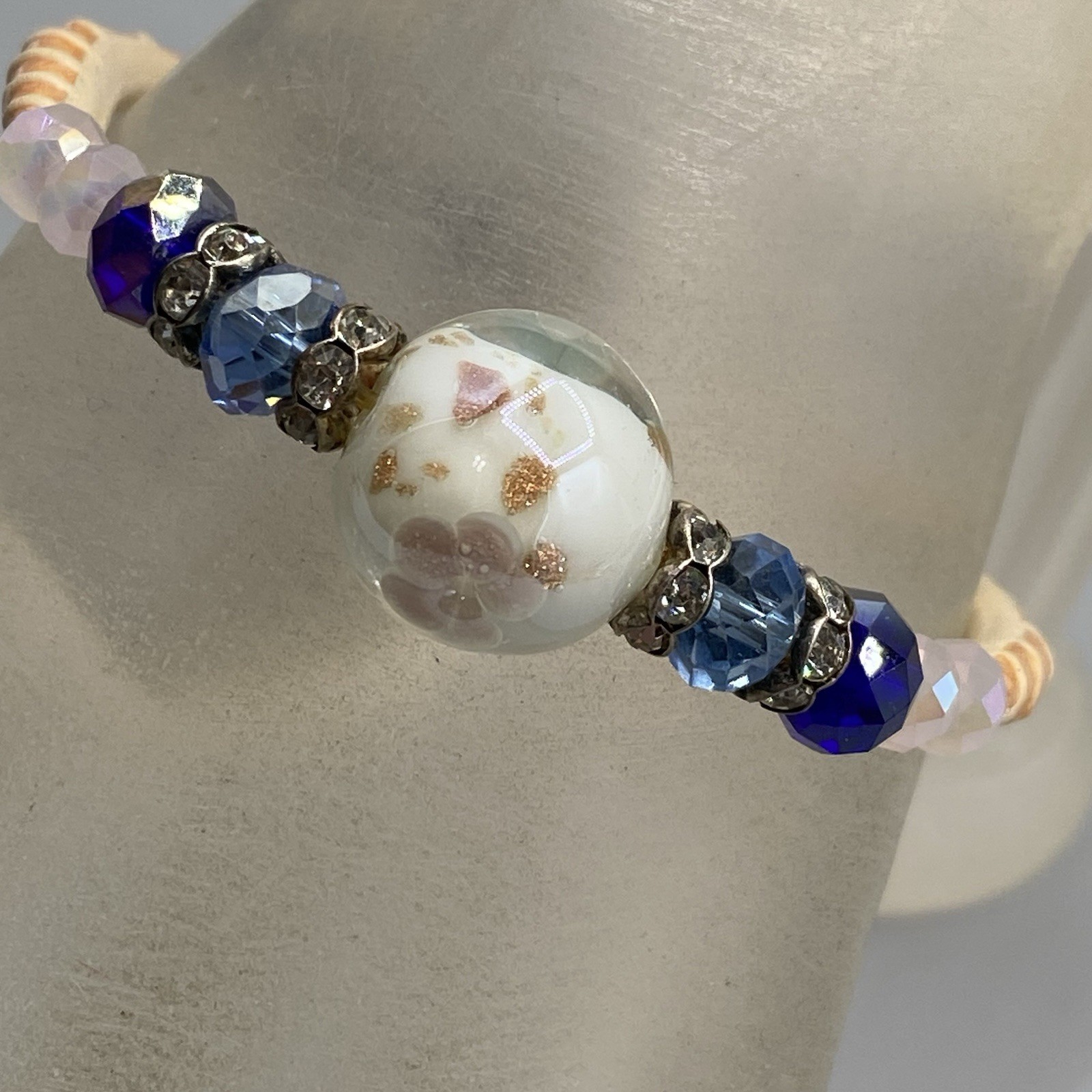 Glass Beaded Bracelet Blue Faceted Fire Polished Cream Tube White Givre Fused 6″