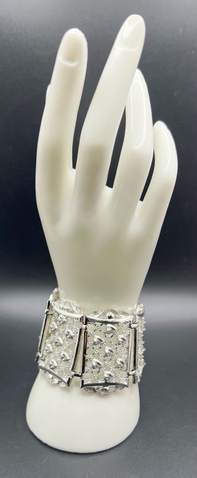 Vintage Rhodium Plated Hearts & Flowers Filigree Wide Link Bracelet 7.25”