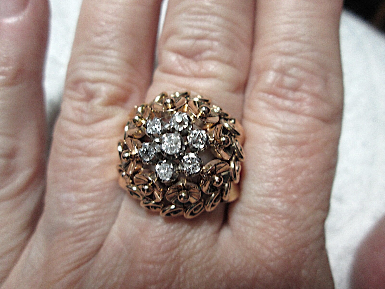 FANTASTIC 17-18K ROSE GOLD PLATINUM DIAMOND FLOWER RING FRENCH RETRO 1940S RARE