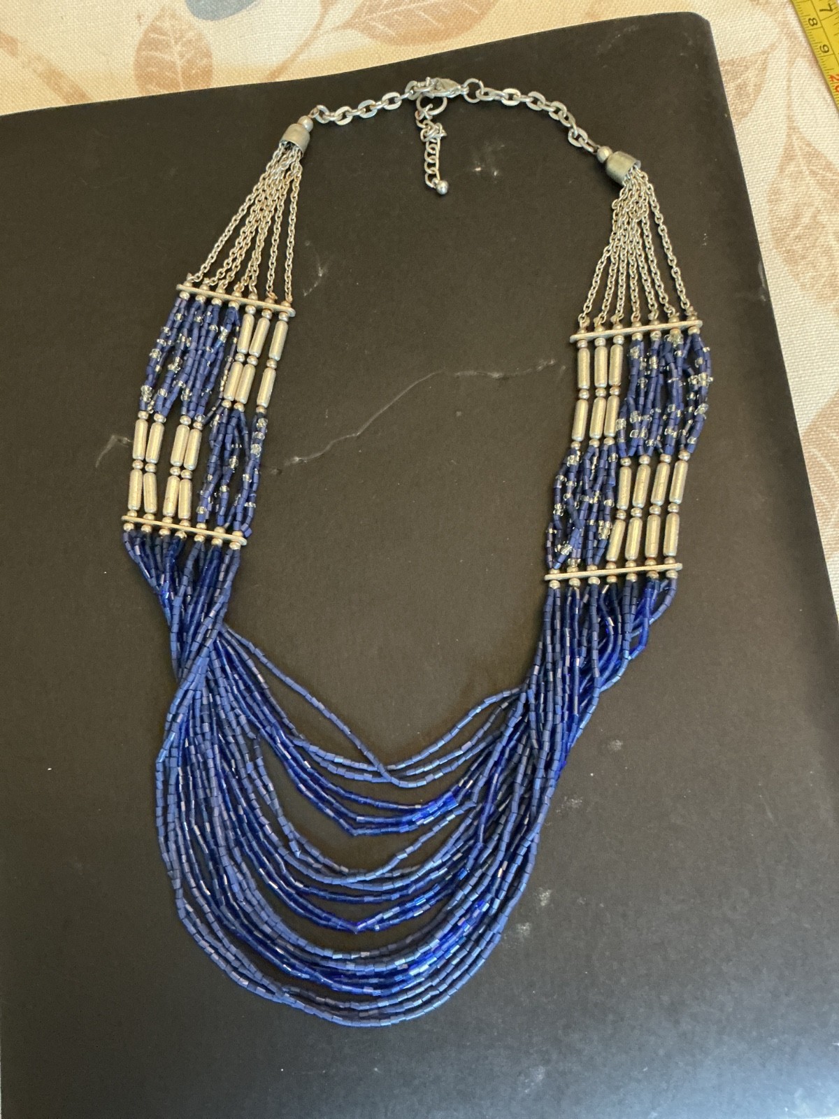 Vintage Multi-Strand Blue & Silver Beaded Boho Necklace Womens 22 Inches