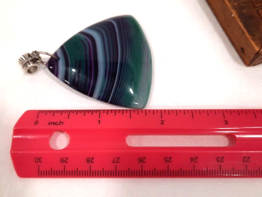 Artisan Stone Agate Striped Pendant Purple Green White on Silvertone slide 2″x2″