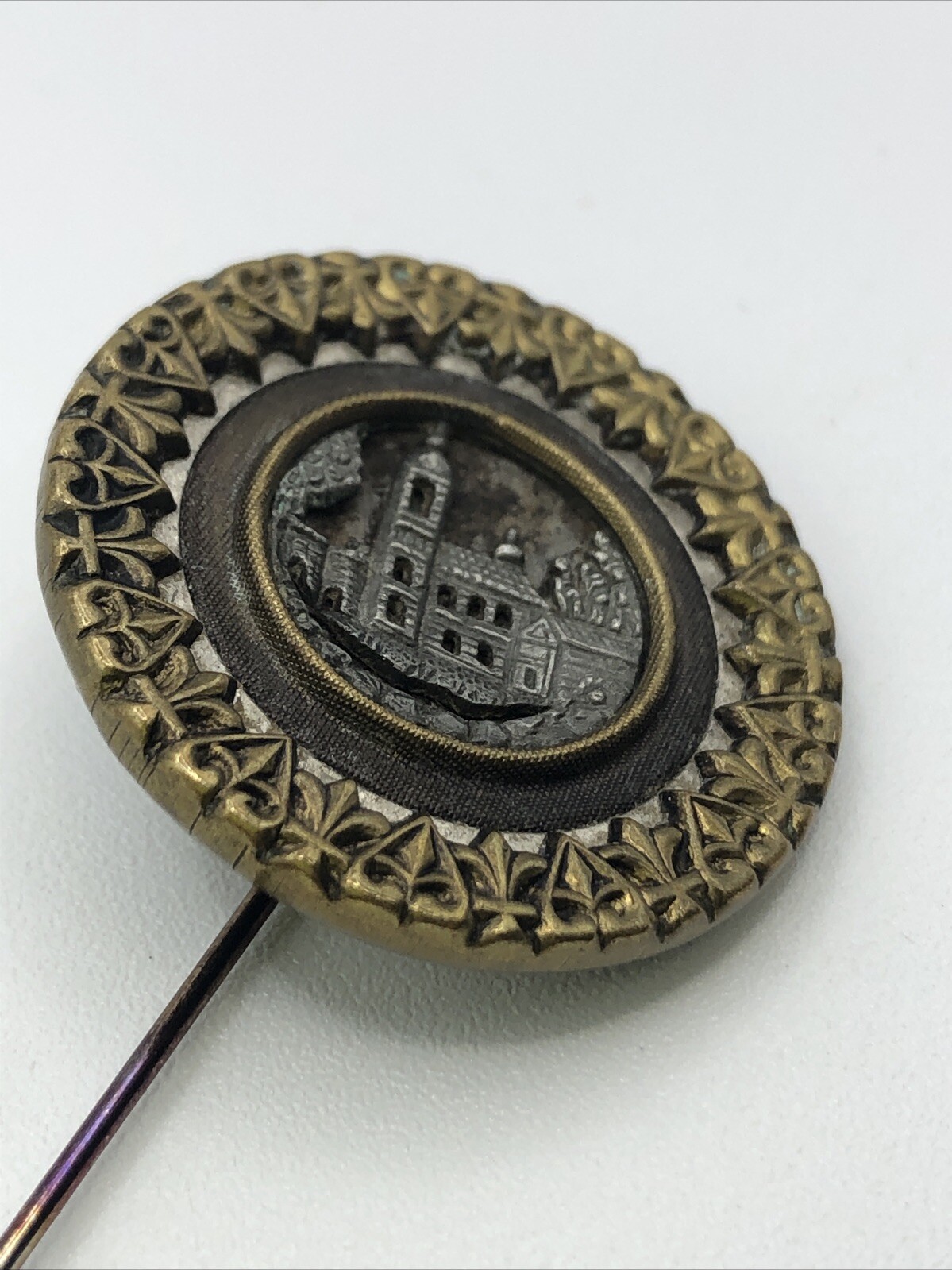 Vintage Antique Metal Picture Hat Pin Lapel Button VICTORIAN BUILDINGS