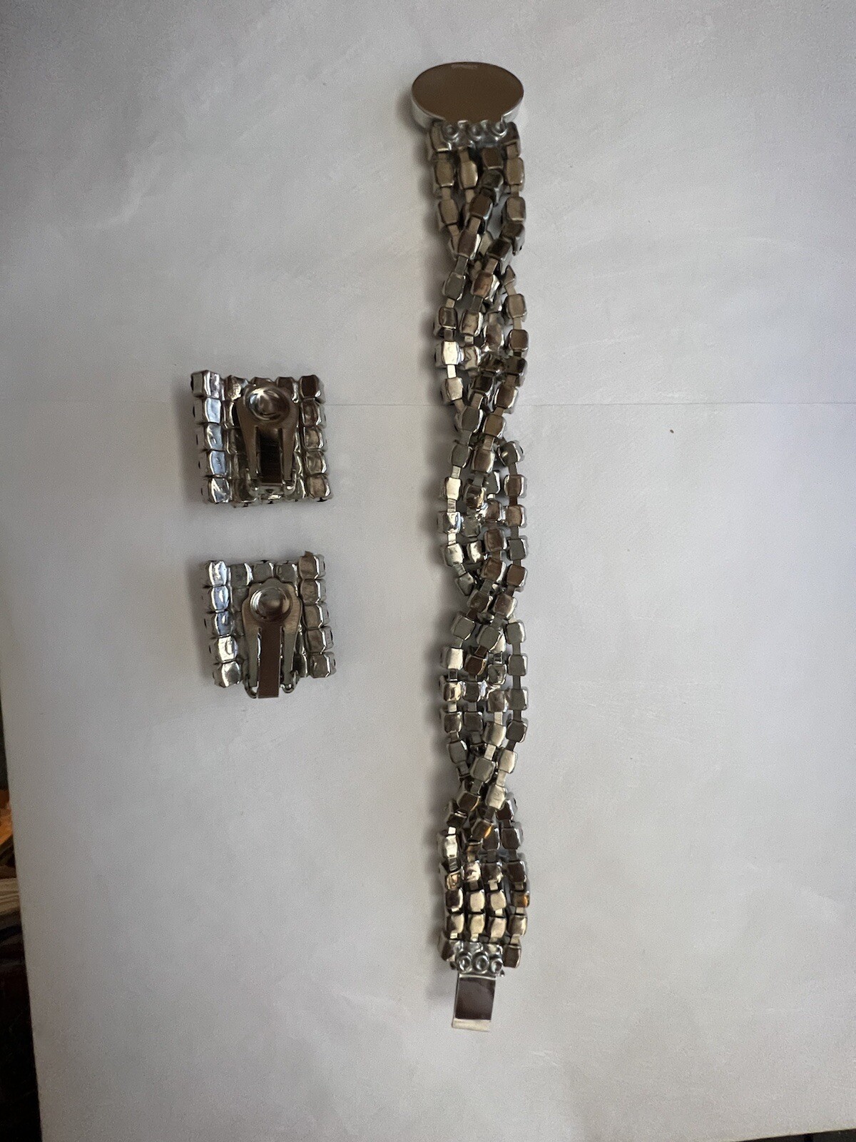 Art Deco Antique Sterling Silver Rhinestone Bracelet & Earrings Set 1950’s
