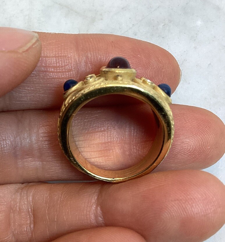Vintage Gold Plated Byzantine Greek Faux Ruby Sapphire Peridot Ring Size 7