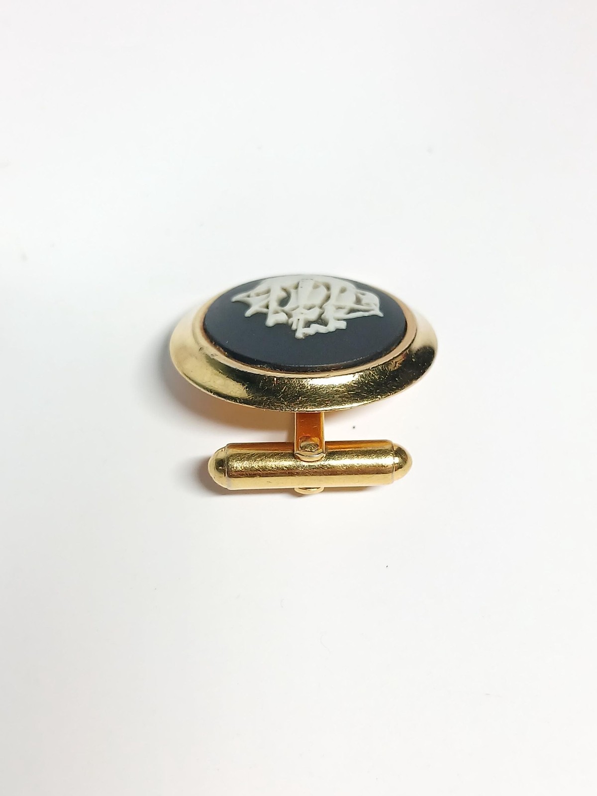 Vintage Wedgwood Black Jasperware Ship Single Cufflink Gold Tone England