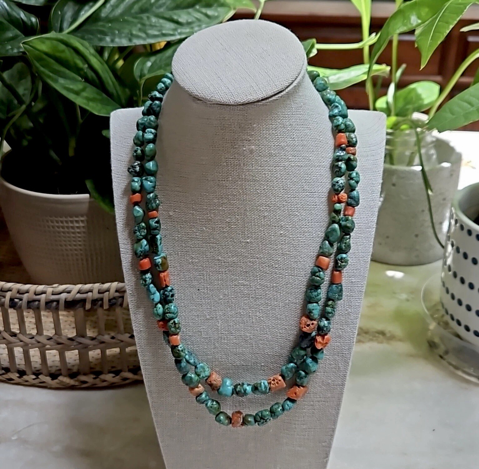 Vintage Turquoise Necklace w/ Coral Beads & 925 Silver Clasp 22 Inches