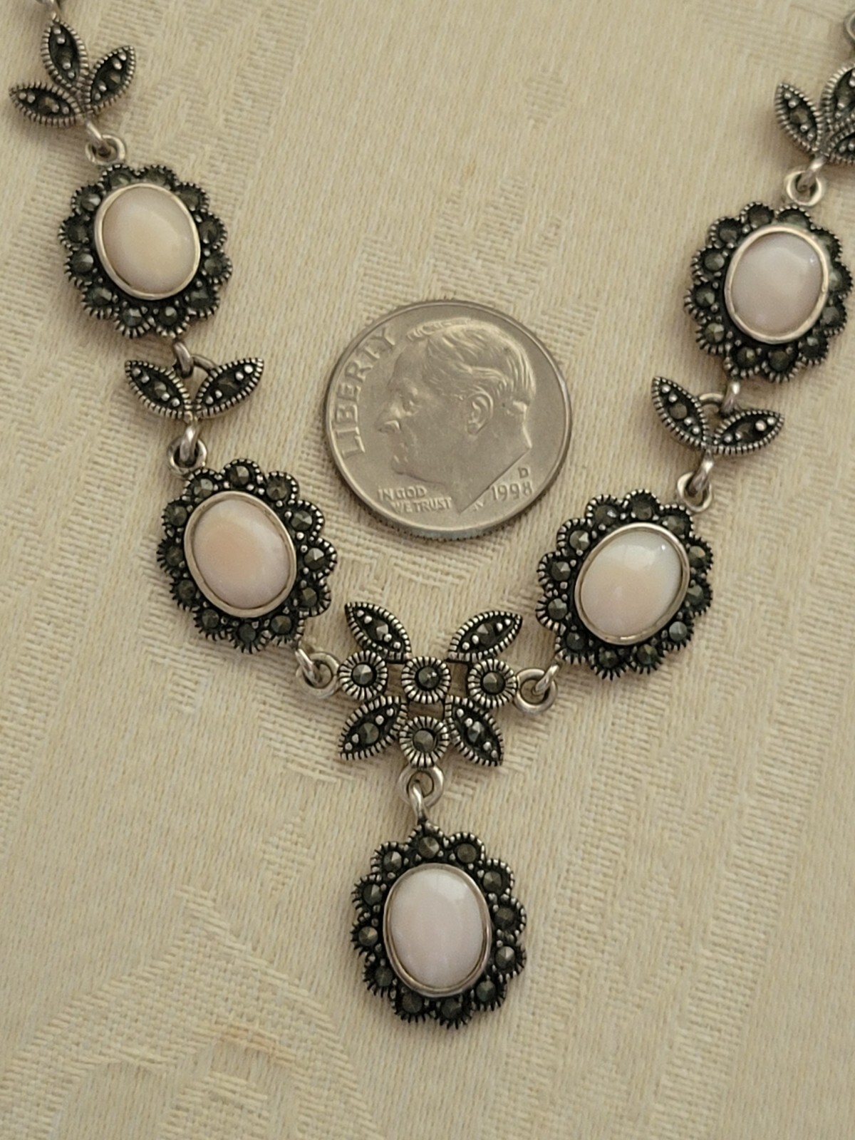 Edwardian/Victorian Style Sterling/Marcasite/ Angel Skin Coral Station Necklace