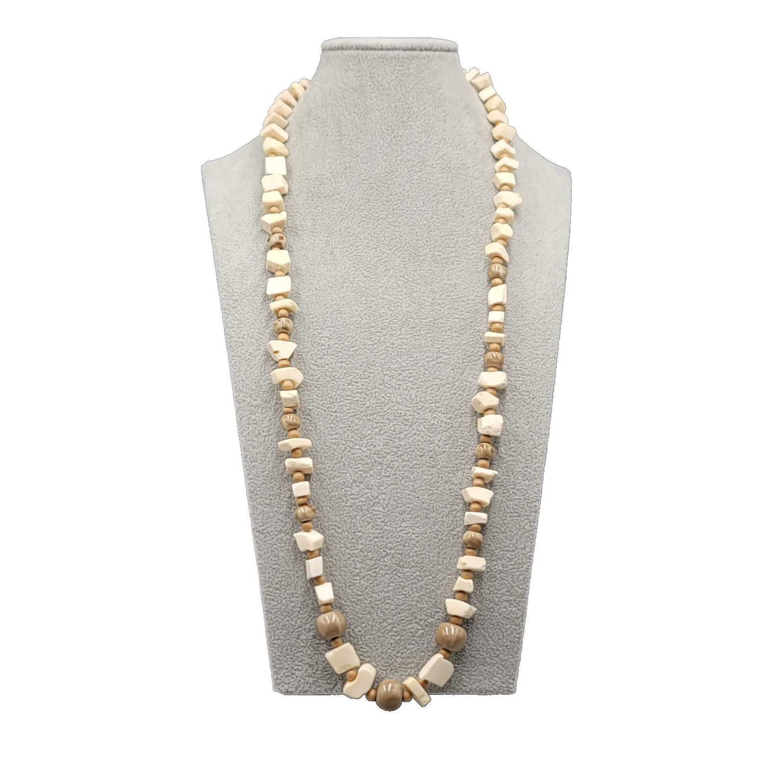 Vintage Bead Necklace Wood Ceramic Cow Bone Long 32″