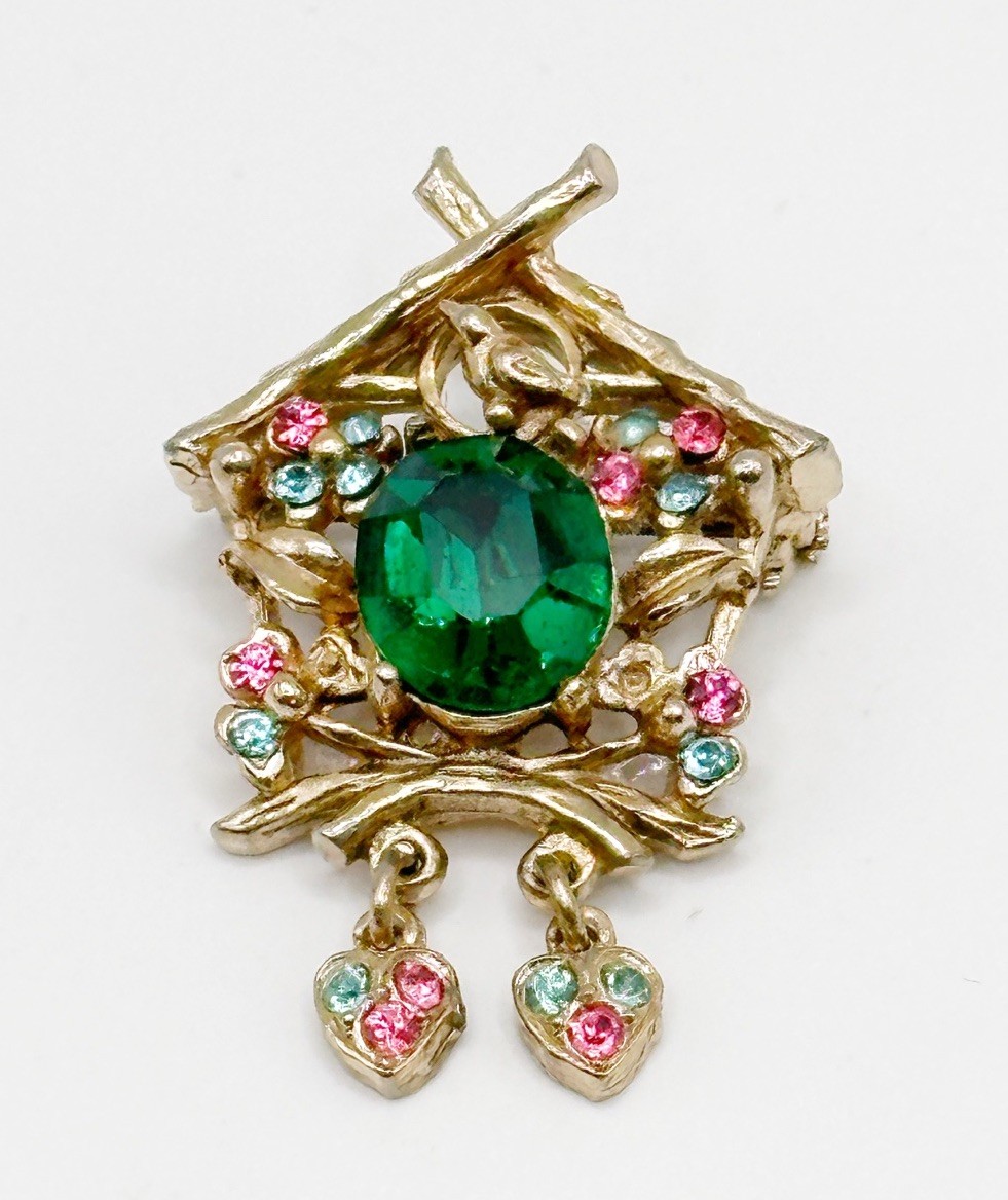 Vintage Unsigned CORO Cuckoo Clock Pin Green Glass Pastel Rhinestones