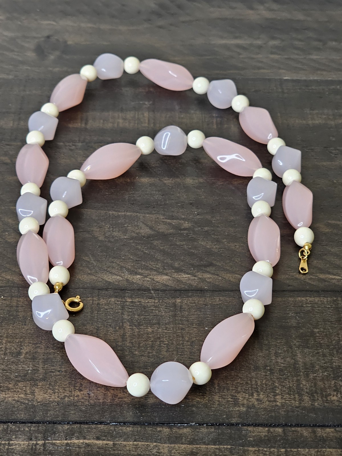 Vintage Glass Beaded Necklace Pink Purple White 27 Inches Retro Costume Jewelry