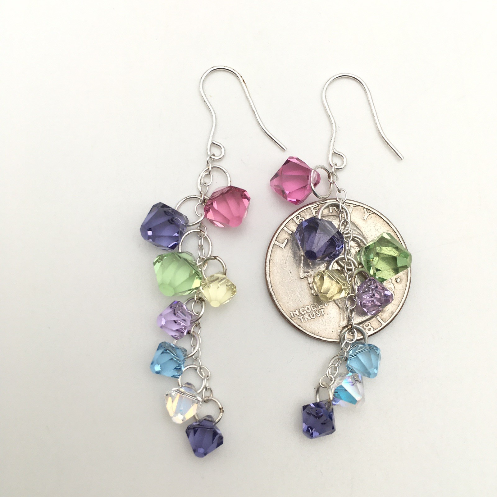 Vintage Sterling Silver Rainbow Beaded Cha Cha Hook Dangle Earrings 925 7g #96