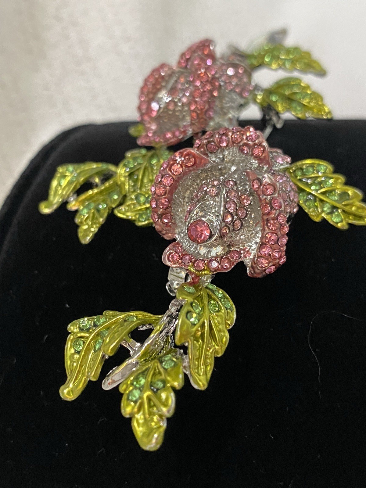 Stunning Large Vintage Pink And Green Sparkling Stones Flower Brooch