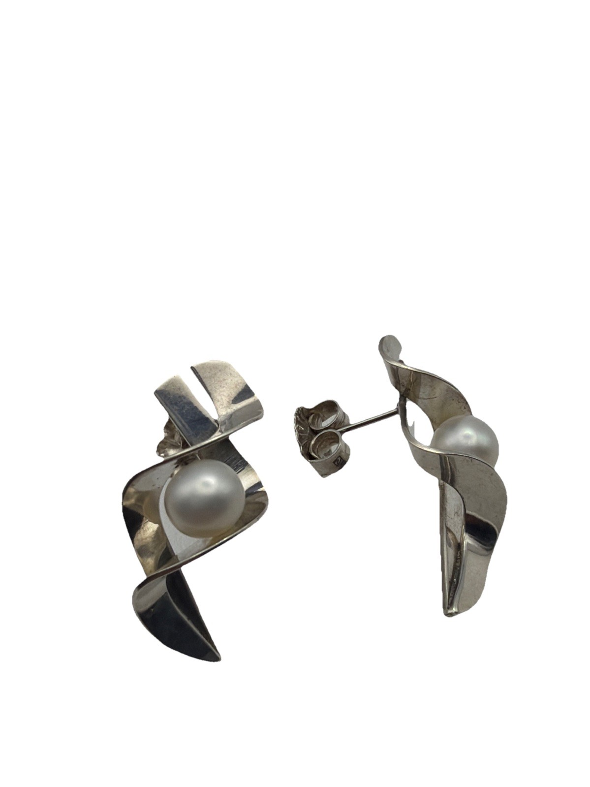 Gerhard Herbst Modernist Sterling Silver And Pearl Ribbon Swirl Post Earrings