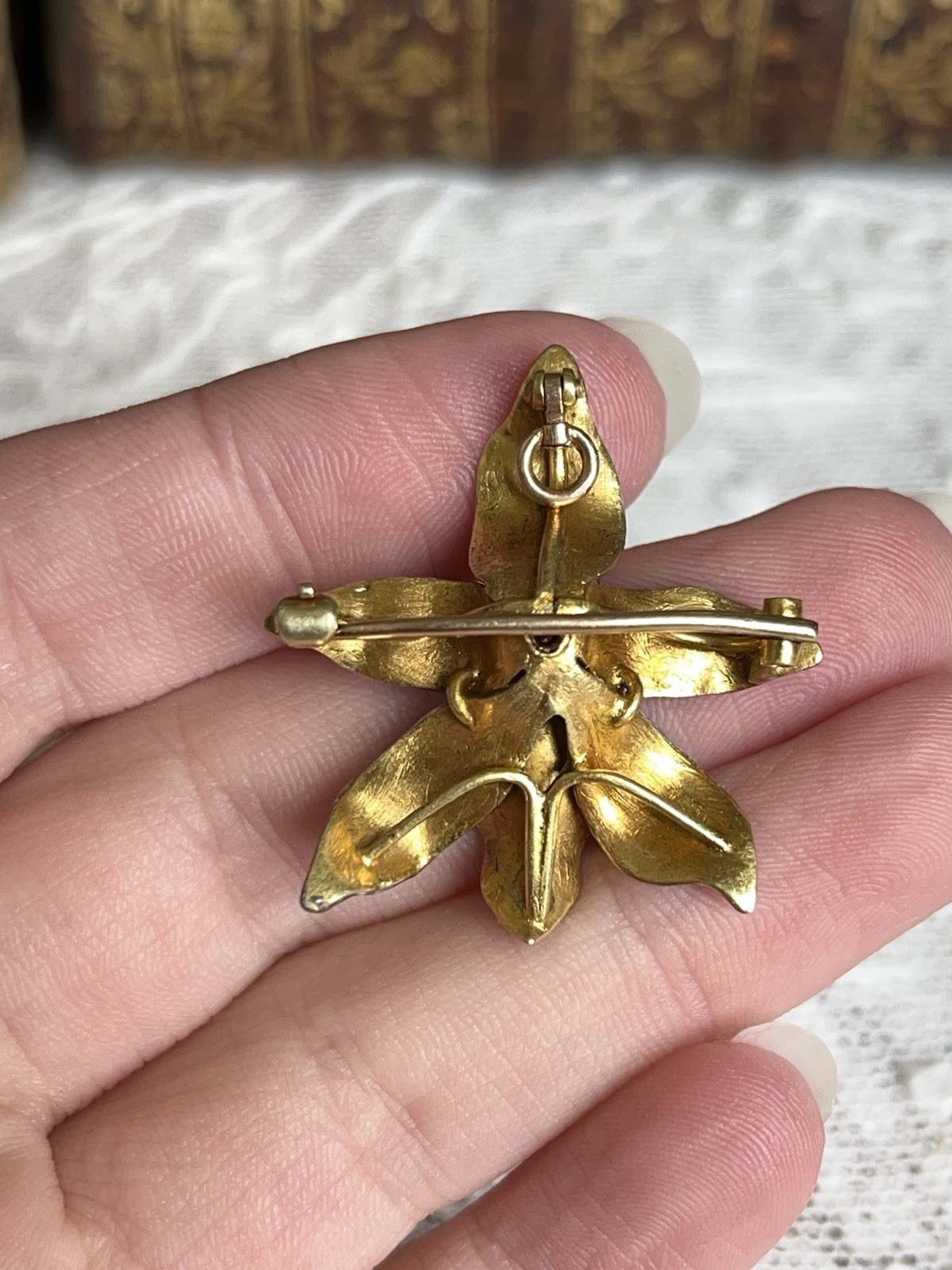 Antique Art Nouveau 14k Purple Enamel Diamond Orchid Brooch Pendant Original Box
