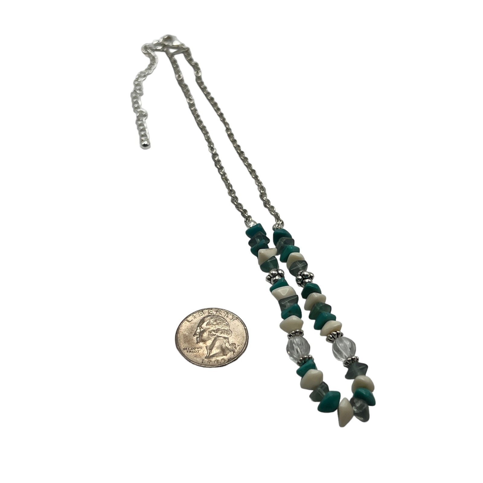 Vintage Avon Necklace Silver Tone with White Blue Clear Beads