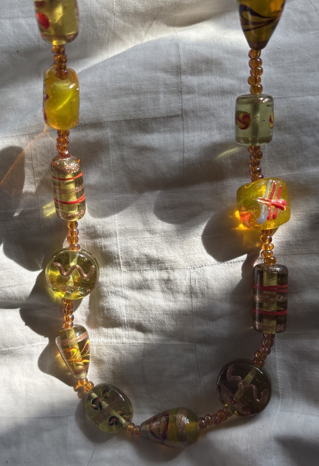 Vintage Hand Blown Glass Beaded Necklace 24”Iridescent Yellow Gold Black Red MCM