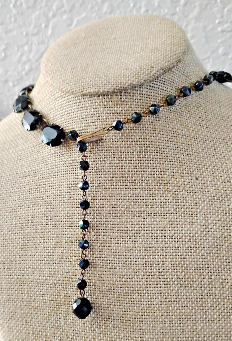 Art Deco Era Bohemian Black Glass Necklace Adjustable 14-18 Inches Beads 5/8 In