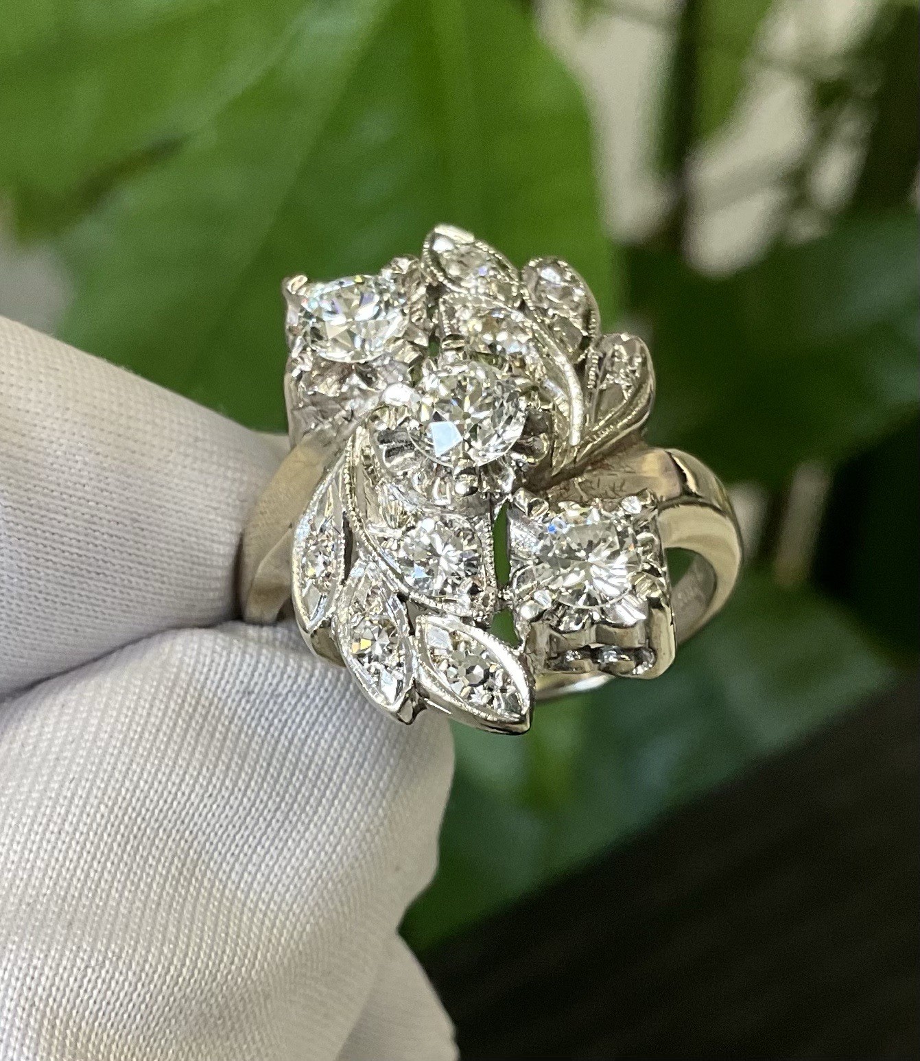 ANTIQUE RETRO NATURAL OLD EUROPEAN CUT DIAMOND COCKTAIL RING 14K WHITE GOLD