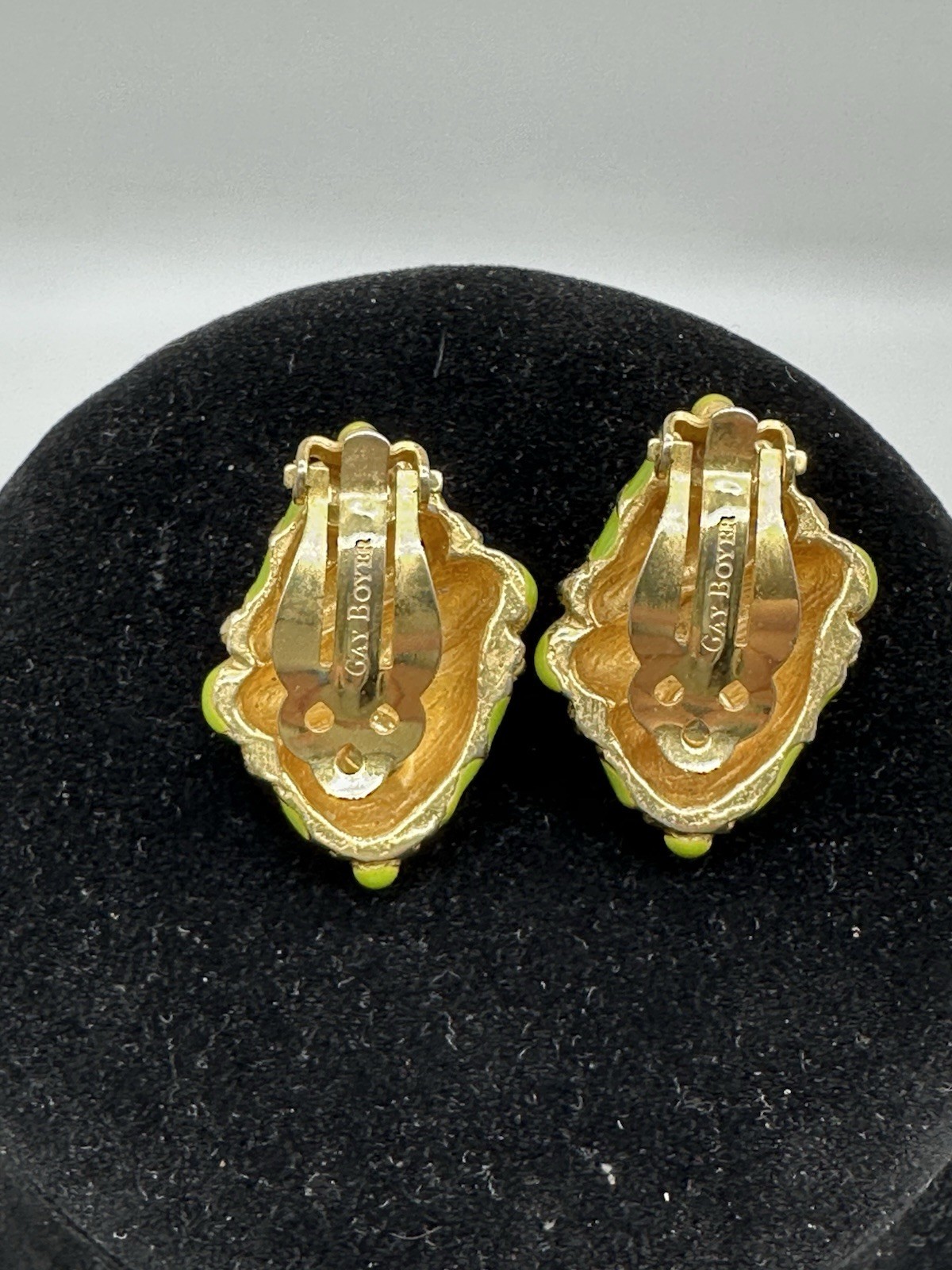 GAY BOYER Clip On Earrings Shell Goldtone Green Enamel Vintage