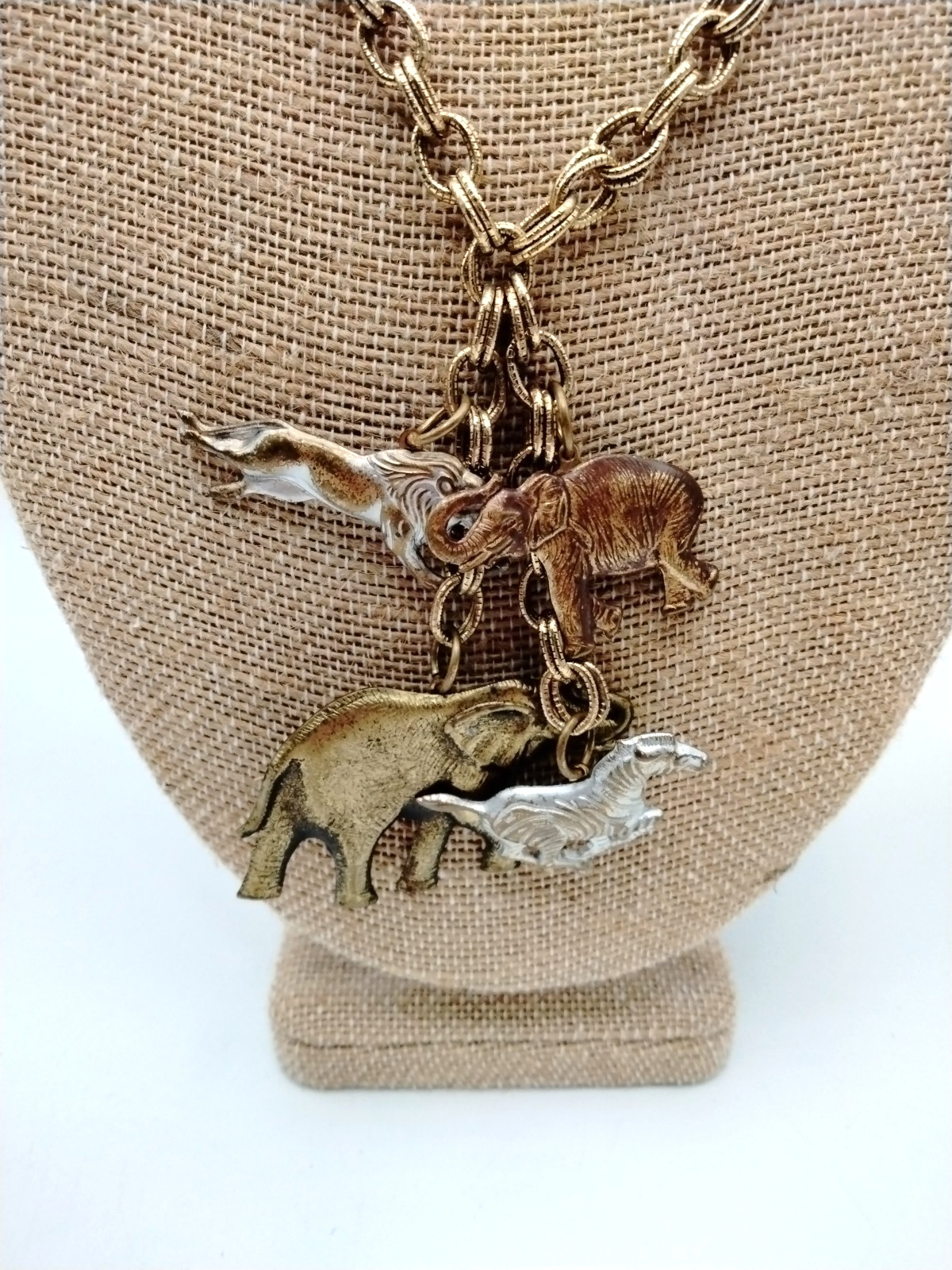 Vintage Gold Tone Safari Animal Charm Necklace Elephant Zebra Lion 18″ Statement
