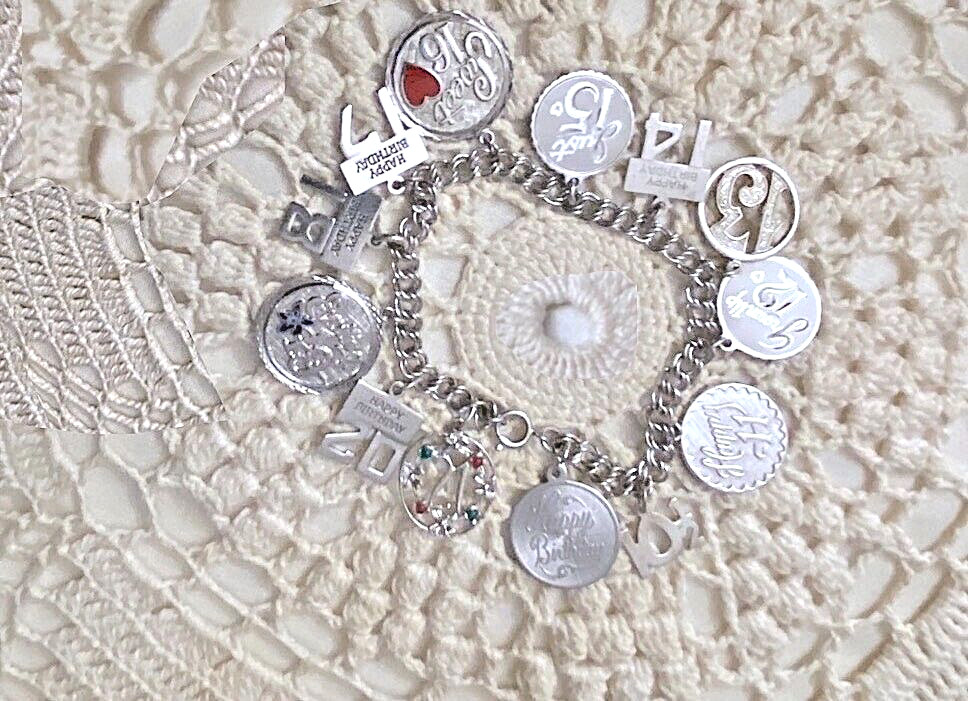 SWEET! Estate 60s-80s ster 13-CHARM BRACELET (ages 10-21) HAPPY BIRTHDAY CHARMS