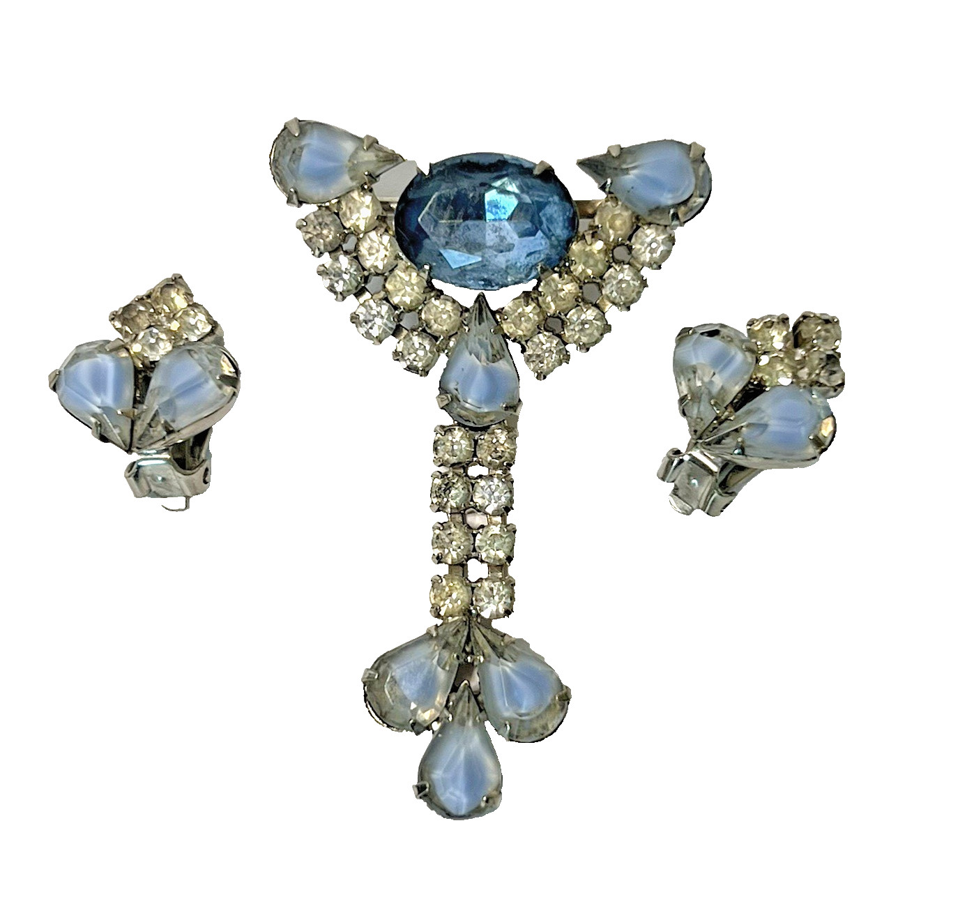 Lrg Vtg Blue Tones Rhinestone Dangle BROOCH w Earrings