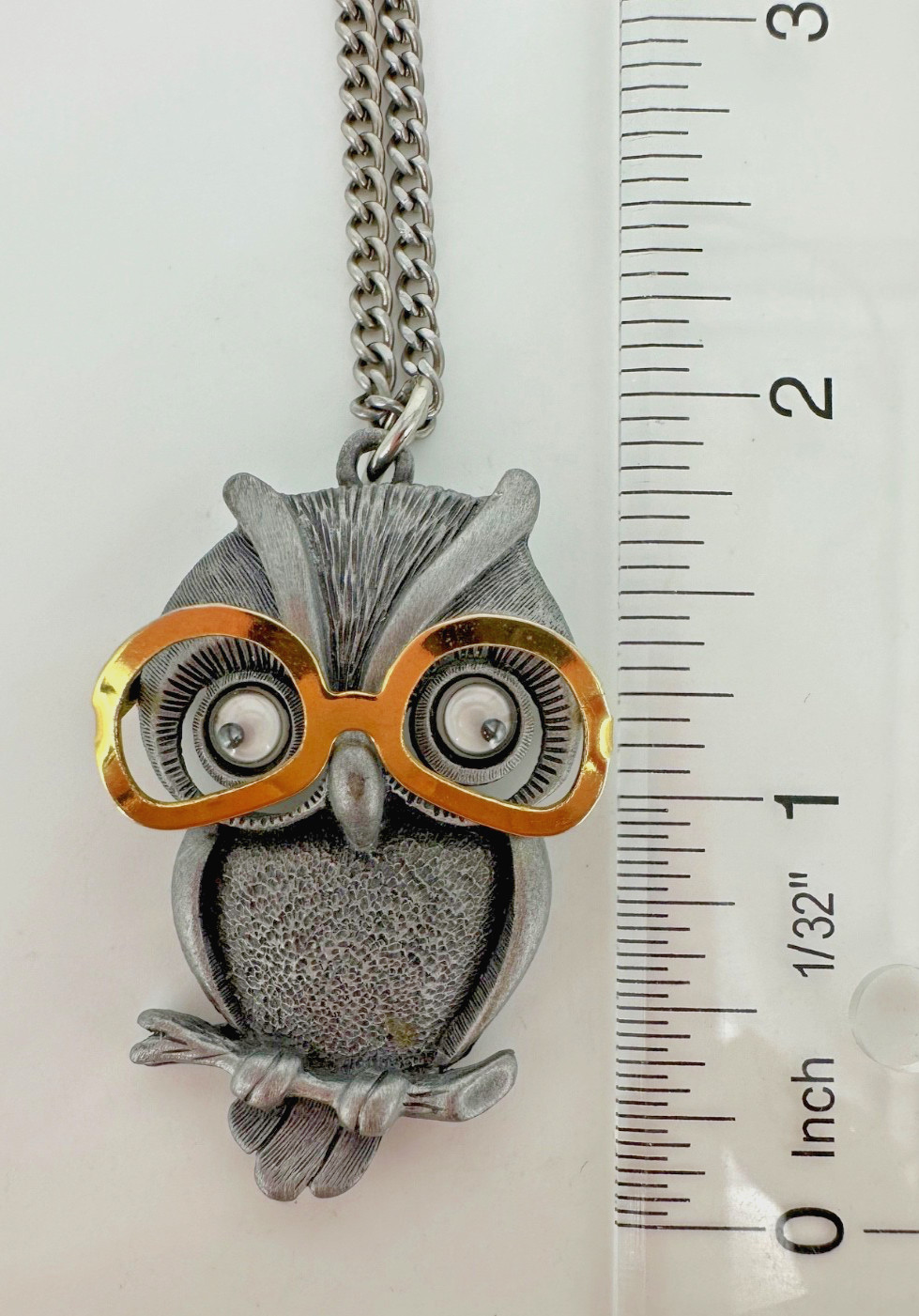 Vintage FAB Pewter Tone Googly Eyed Owl With Movable Eyeglasses Pendant Necklace