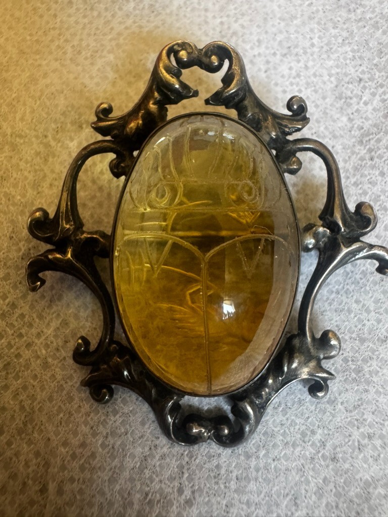Amazing Art Deco Sterling Silver Scarab Design Citrine? Central Stone Pin Brooch
