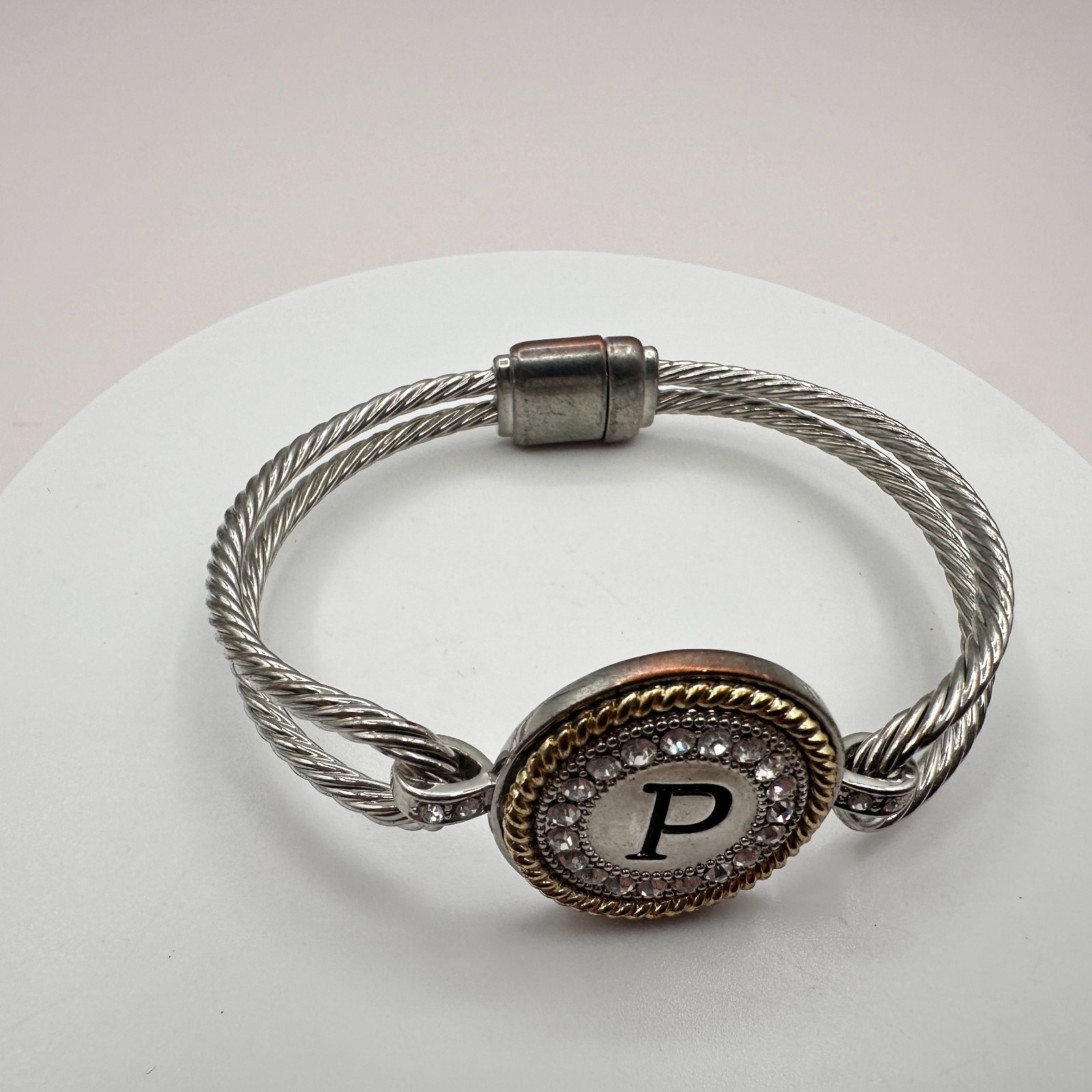 Vintage 90s Silver Tone Initial P Cable Bangle Bracelet Glass Accents Jewelry