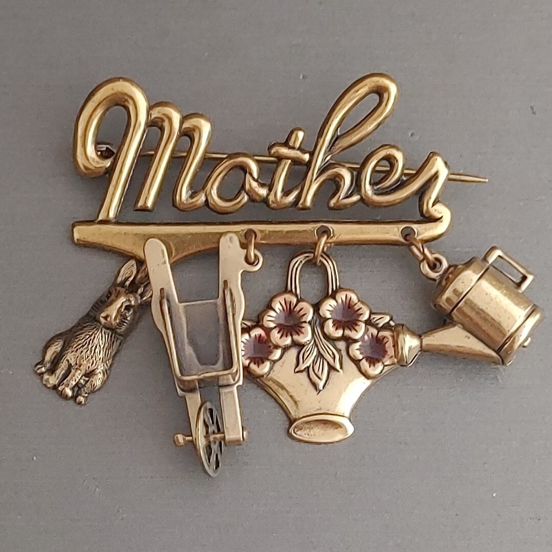 Vintage Brass Charm MOTHER Brooch Pin Gardening Bunny Wheelbarrow Flowers 1.75”