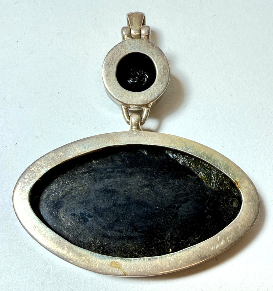 Mexican Sterling Silver Pendant Onyx and Abalone Inlay Large Vintage 38g
