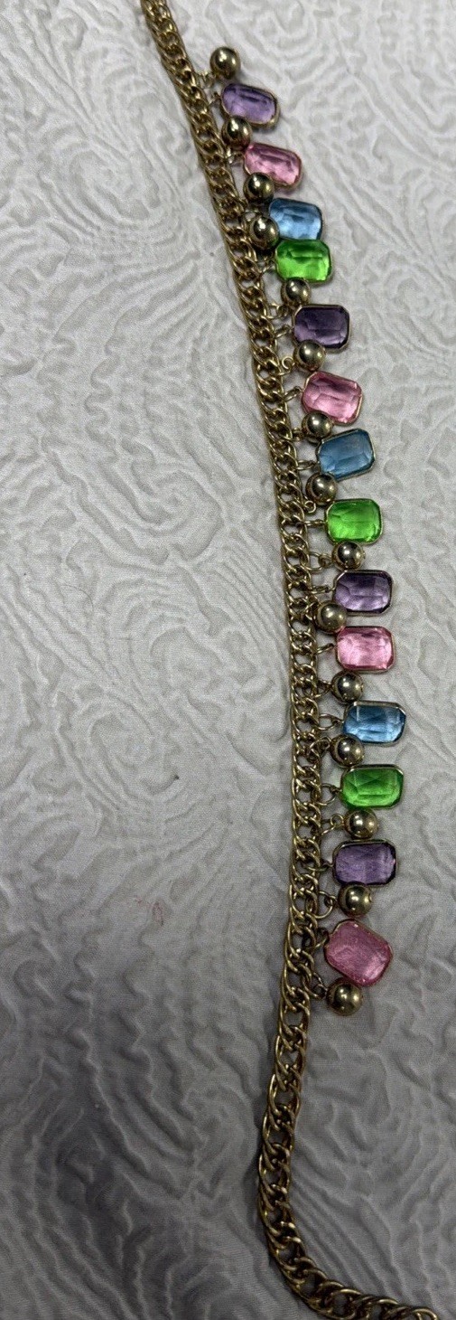 Vintage Gold Plated Multi Color Bezel Set Crystal & Gold Spacer 18” Necklace