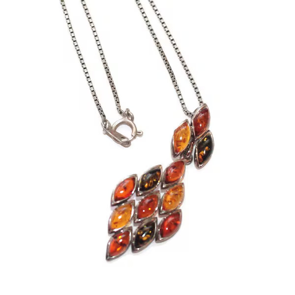 Vintage Amber Pendant Necklace Sterling Silver Setting 3 Colors Diamond Shaped