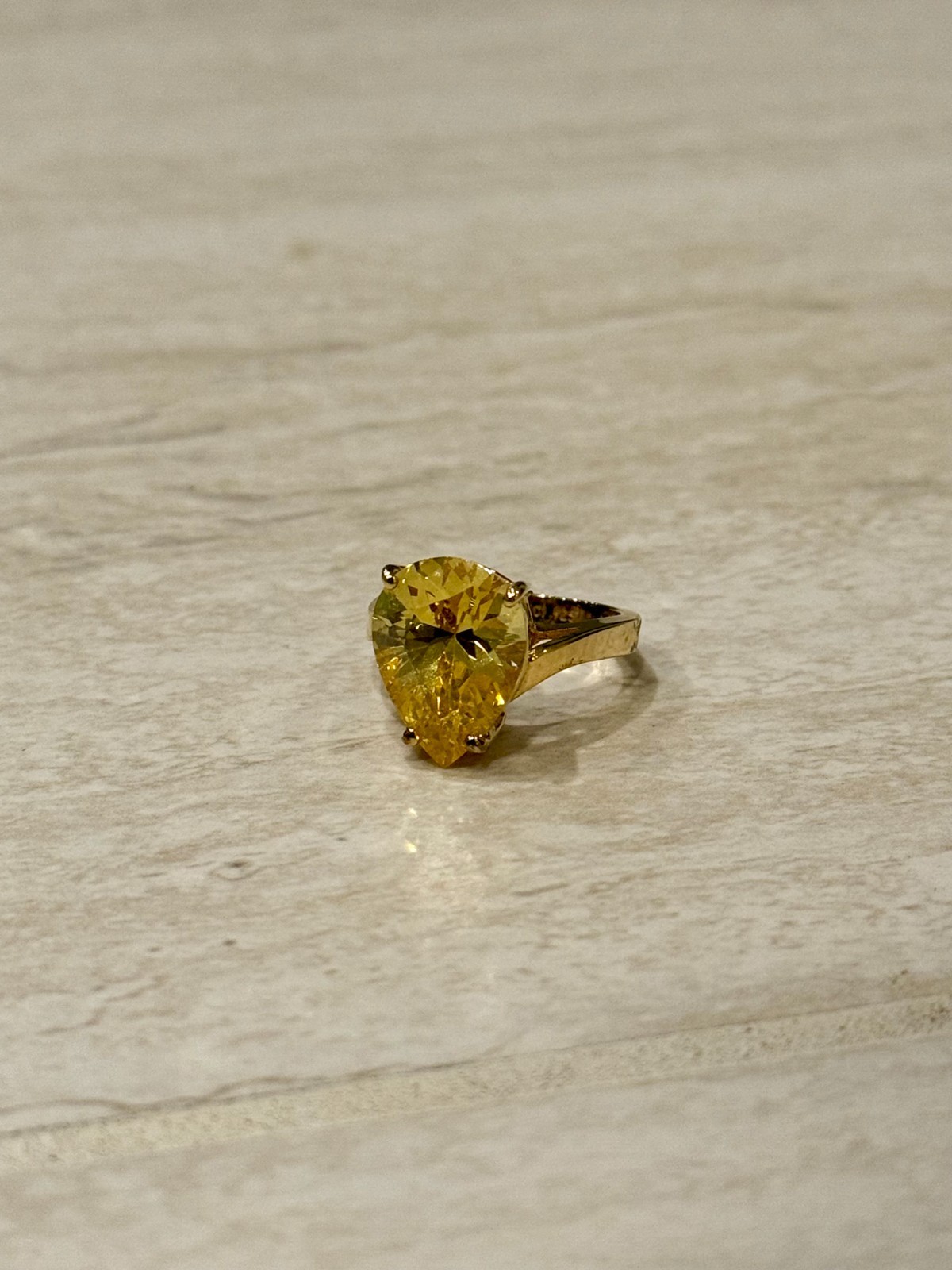 VTG Gold Tone Ring Size 7.5 Citrine Cubic Zirconia Pear Trillion Cut 925 Silver